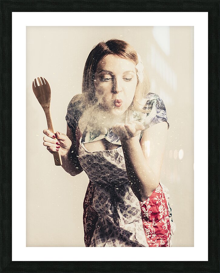 Retro cooking woman giving recipe kiss Picture Frame print