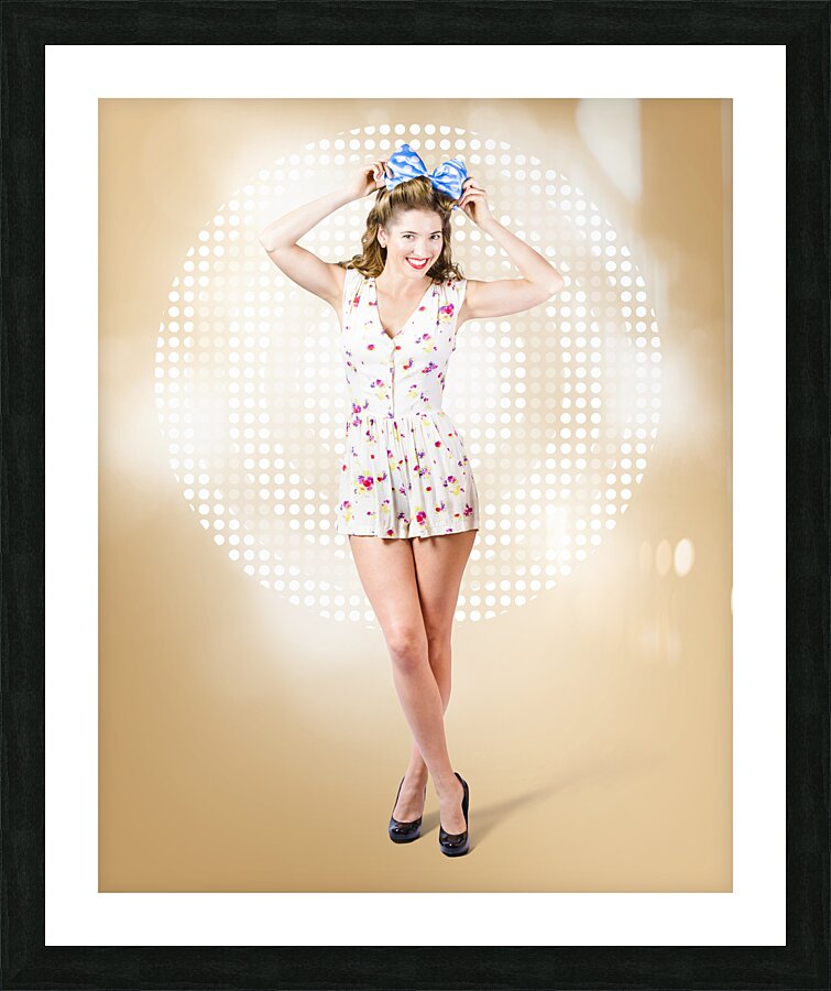 Modelling pinup girl wearing bow hair accessory Picture Frame print
