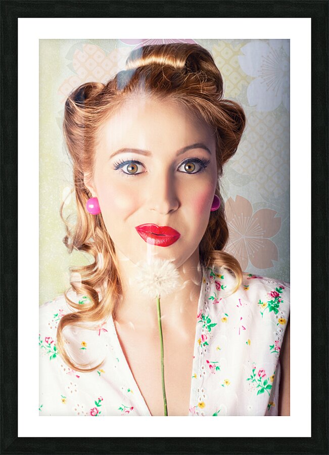 Spring Beauty. Beautiful Retro Girl Blowing Flower Picture Frame print