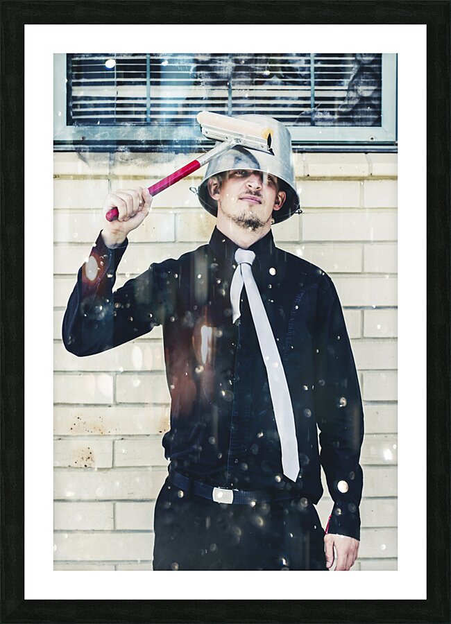 Funny cleaner man ready for action Picture Frame print