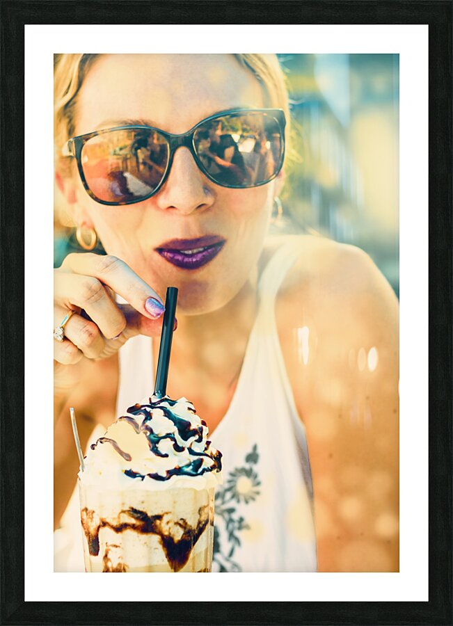 Cute retro girl drinking milkshake Picture Frame print