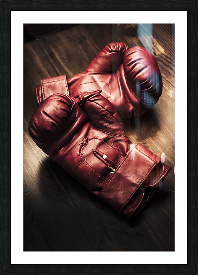 Retro red boxing gloves on wooden training bench Picture Frame print