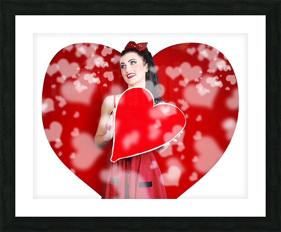 Beautiful woman holding blank love heart sign Picture Frame print