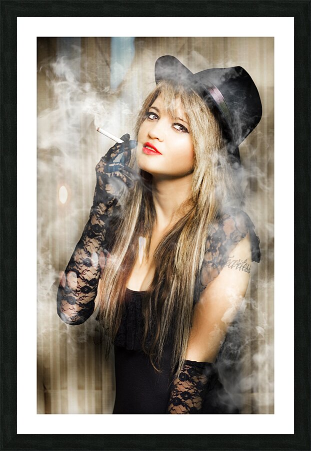 Female retro pinup model with smoke Picture Frame print