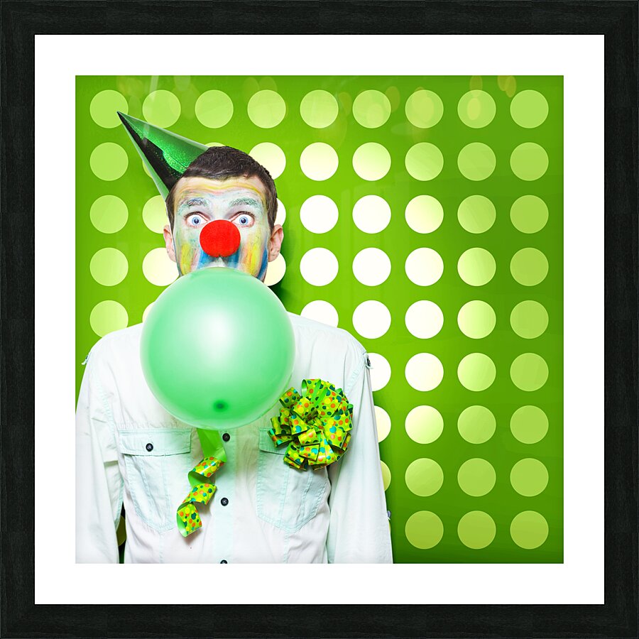 Crazy Party Clown Inflating Green Party Balloon Picture Frame print