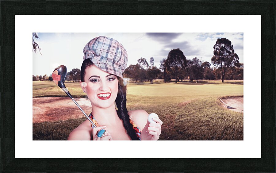 Portrait of a smiling retro female golfer Picture Frame print