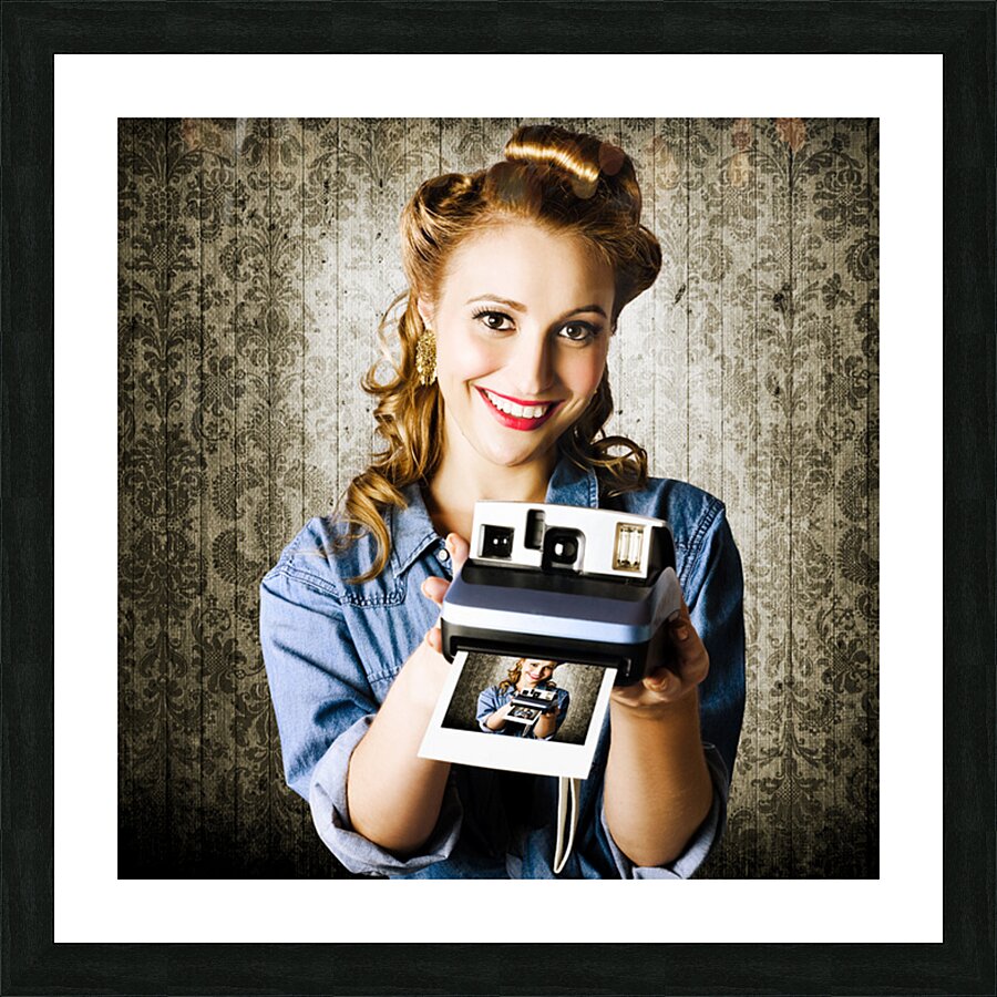 Smiling Young Vintage Girl Taking Polaroid Photo Picture Frame print