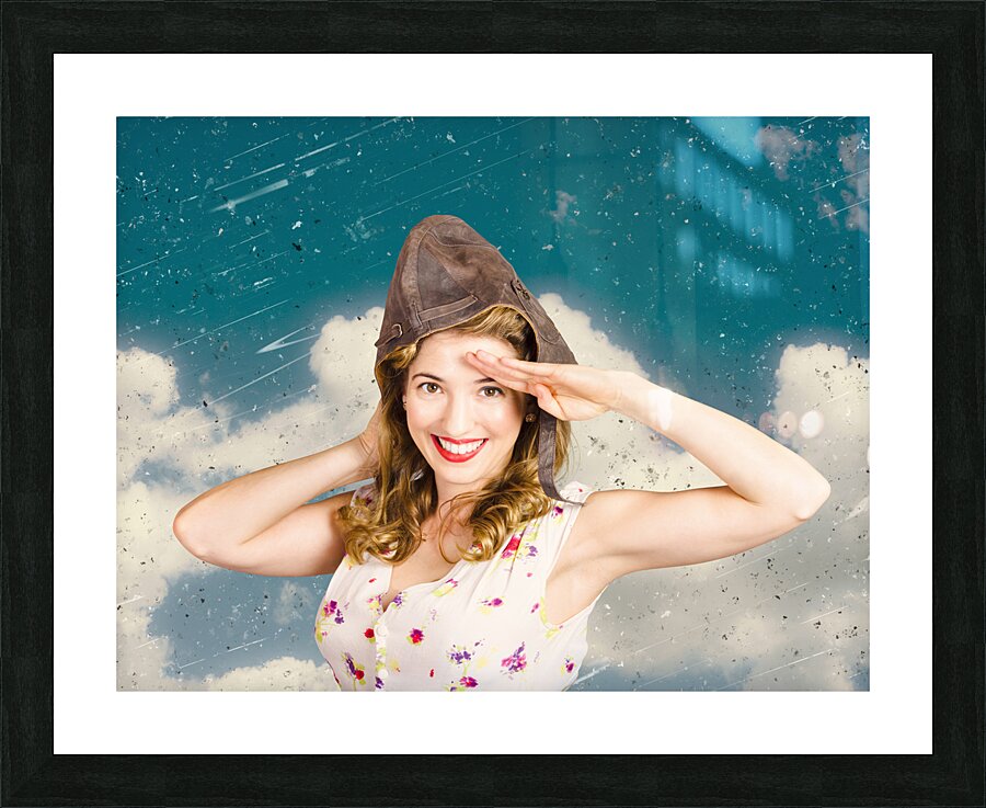 Pretty vintage female pin up pilot. Travel ready Picture Frame print