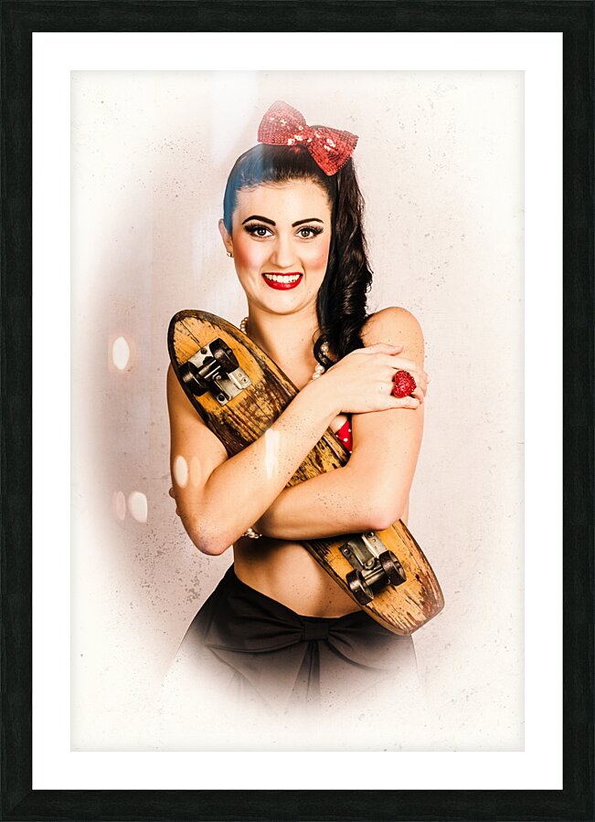 Vintage portrait of a pin-up model with skateboard Picture Frame print