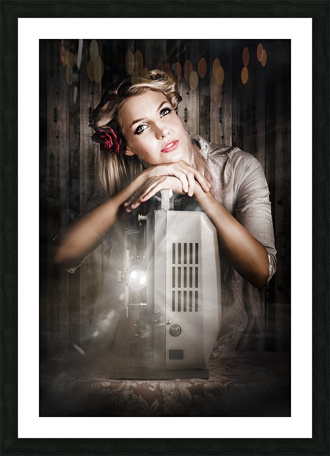 Vintage Beauty Watching Old Film Projector Movie Picture Frame print