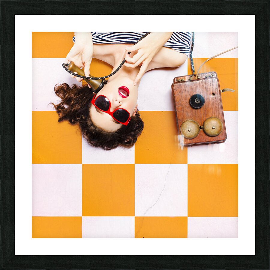 Pin-up beauty decision making on old phone Picture Frame print