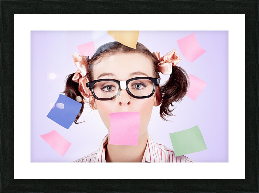 Business Womans Face Covered In Paper Reminders Picture Frame print