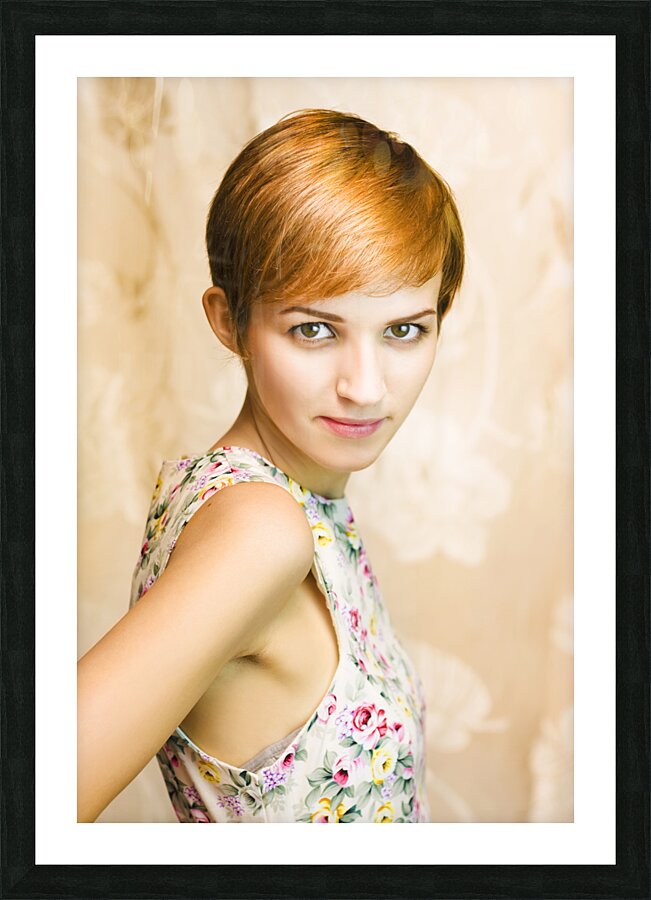 Short haired girl in floral dress Picture Frame print