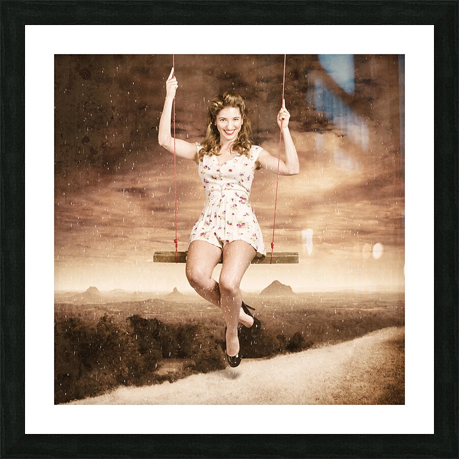 Pin-up beauty enjoying summer rain in Australia  Picture Frame print