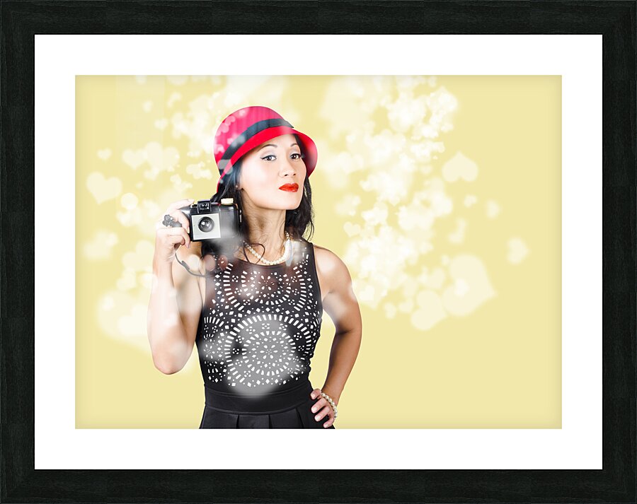 Photographer taking photos with retro film camera Picture Frame print