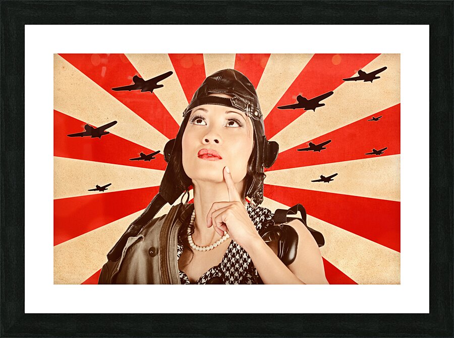 Retro asian pinup girl. War planes of revolution Picture Frame print