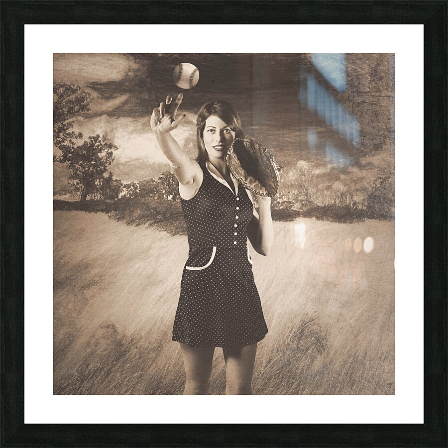 Vintage pin up girl pitching baseball Picture Frame print