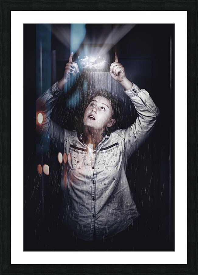 Woman checking weather forecast on tablet Picture Frame print