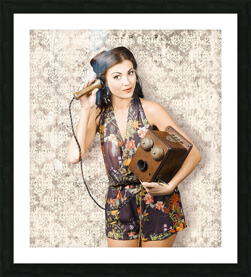 Cute housewife in 50s style on vintage phone Picture Frame print