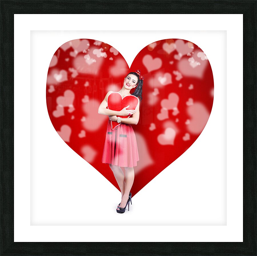 Valentines day woman holding love heart card Picture Frame print