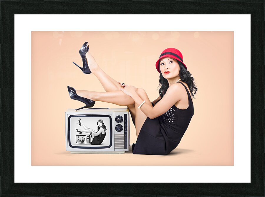 Beautiful asian pin up girl posing on retro tv set Picture Frame print