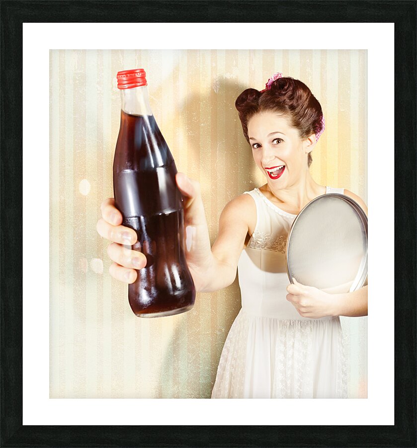 Female pin-up waiter serving drink at summer party Picture Frame print