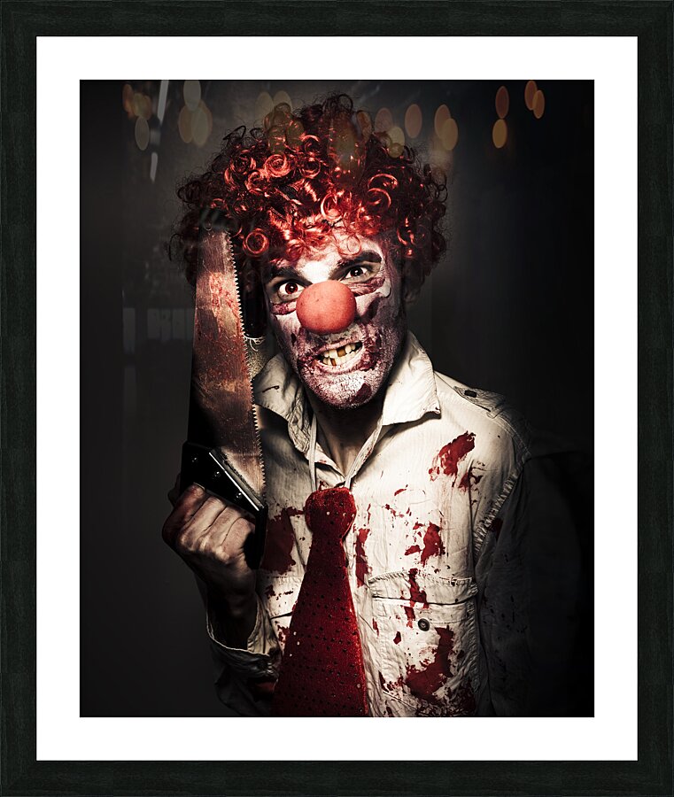 Angry Horror Clown Holding Butcher Saw In Darkness Picture Frame print