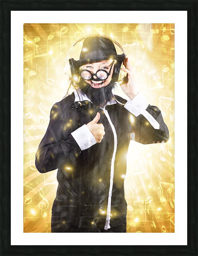 Man listening to FM radio broadcast with headphone Picture Frame print