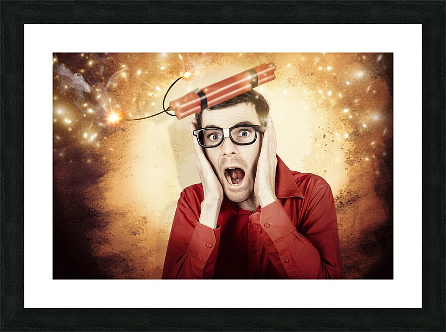 Nerd business man shouting out in fear of a bomb Picture Frame print