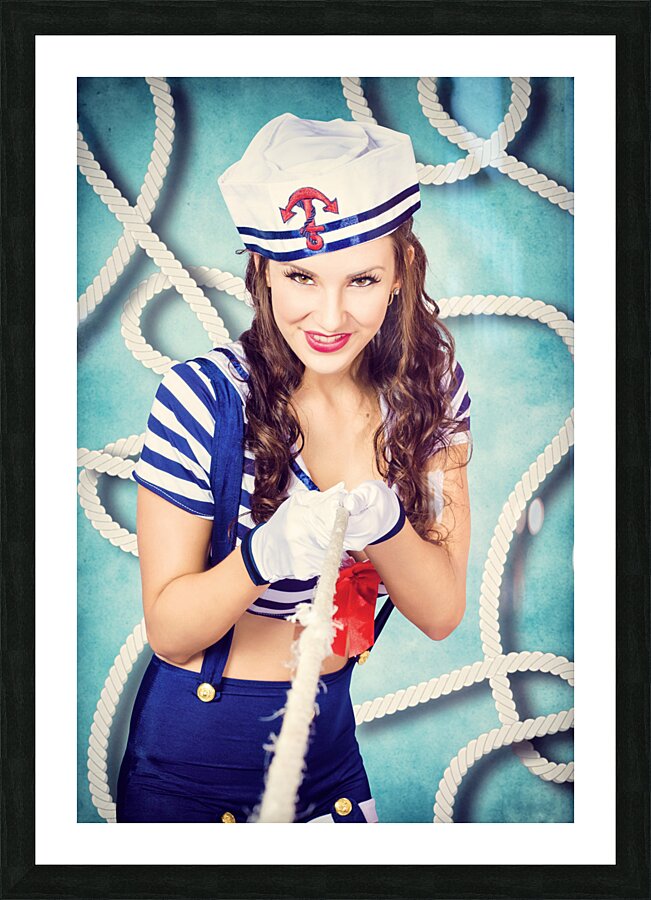 Navy sailor pinup girl in tug of war battle Picture Frame print