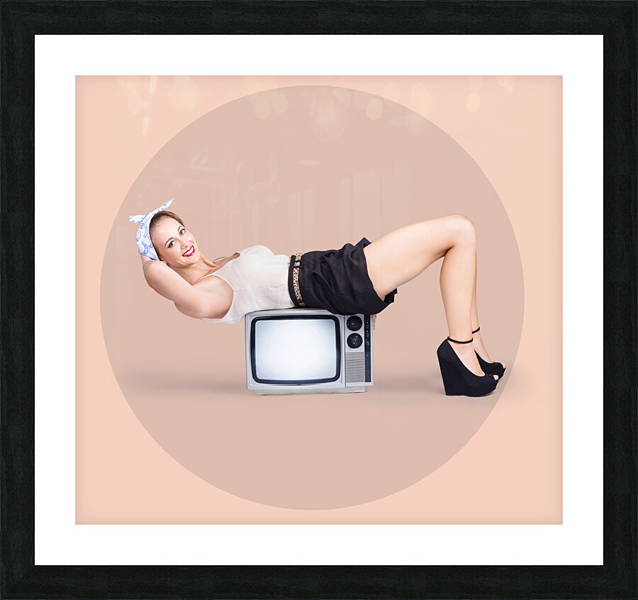 Strong pinup girl doing fitness exercises Picture Frame print