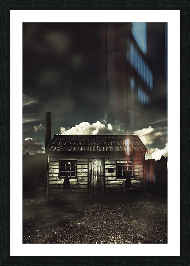 Spooky old abandoned house in dark forest Picture Frame print