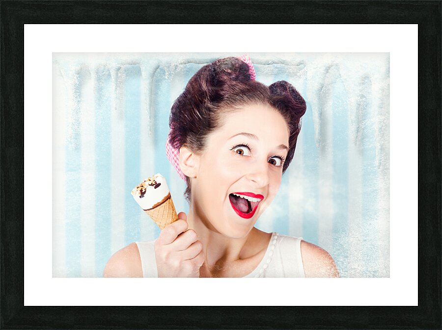 Cool pin-up woman in cold freezer with ice-cream Picture Frame print