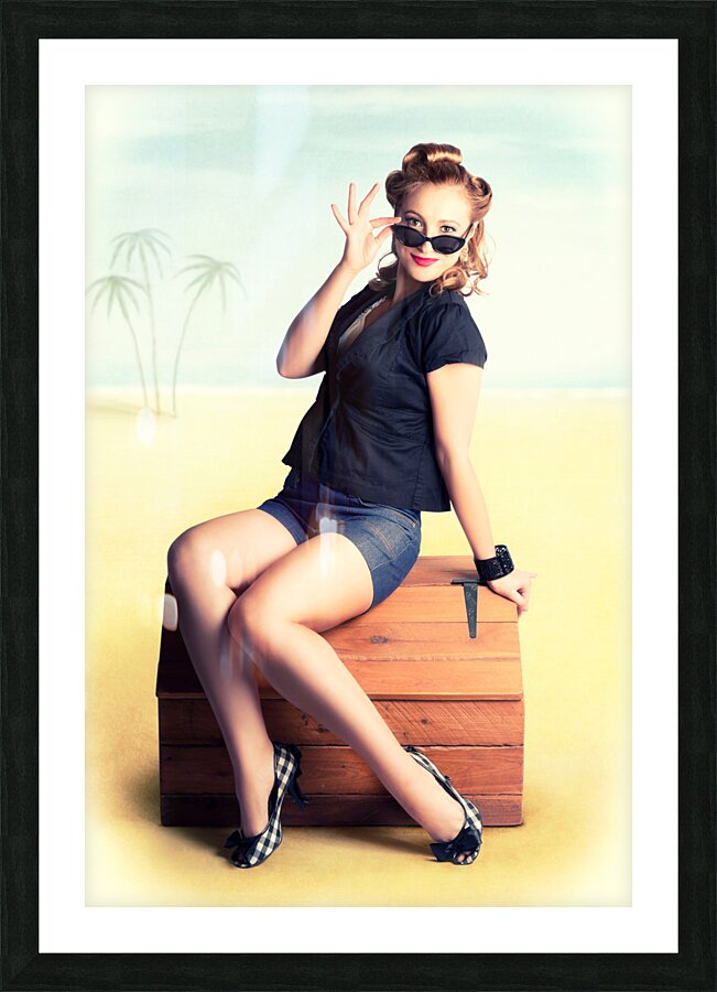 Travelling Pin-Up Girl Sitting On Vintage Luggage Picture Frame print