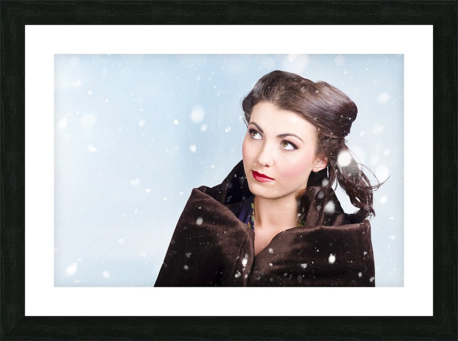 Beautiful brunette woman freezing in outdoor forest Picture Frame print