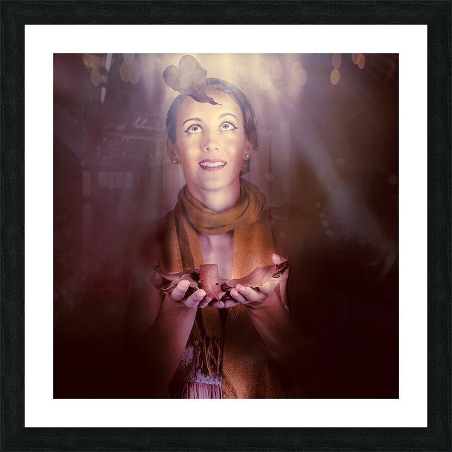 Beautiful Romantic Woman In A Dark Autumn Forest Picture Frame print