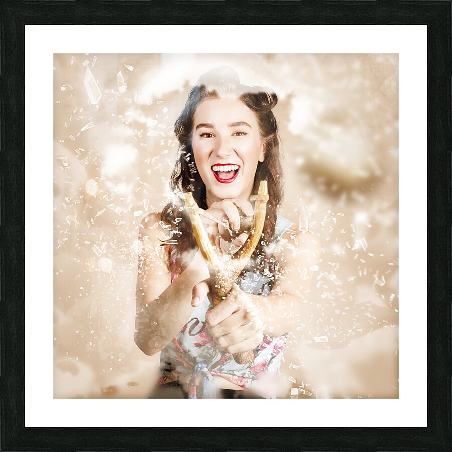 Pinup woman shooting rocks with toy slingshot Picture Frame print