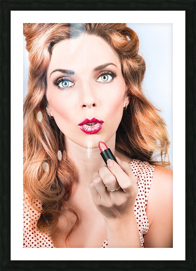 Retro beauty pin up girl applying lipstick makeup Picture Frame print