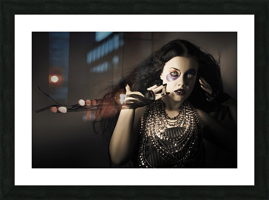 Dark beauty woman. Rich jewellery and Black Nails Picture Frame print