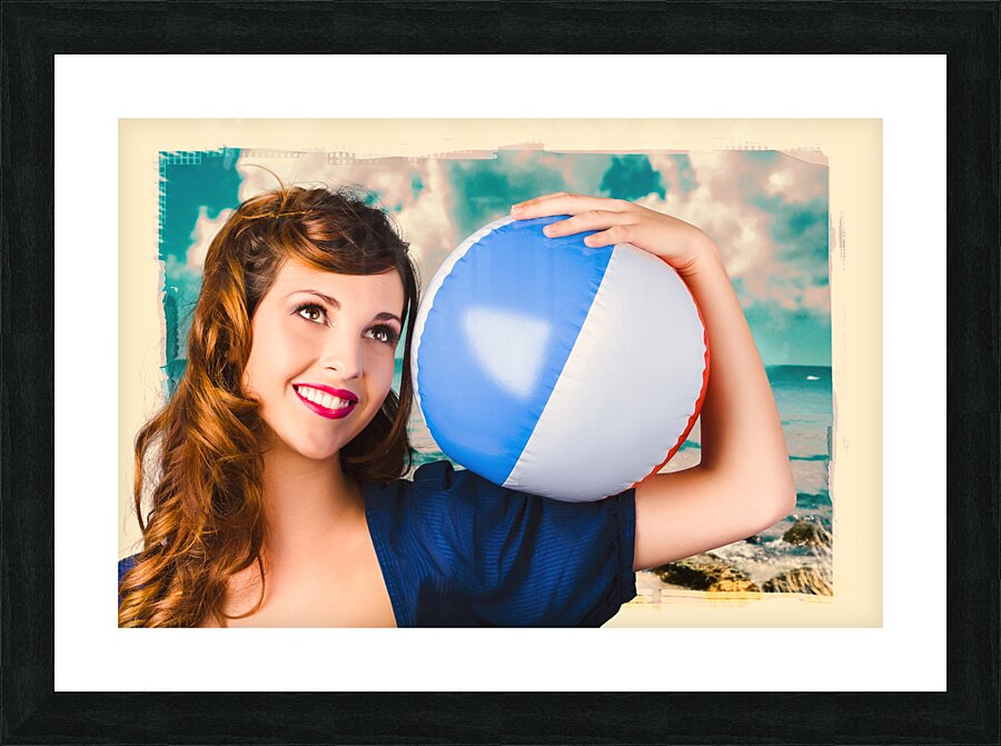 Vintage 1950 era pin-up woman with beach ball Picture Frame print