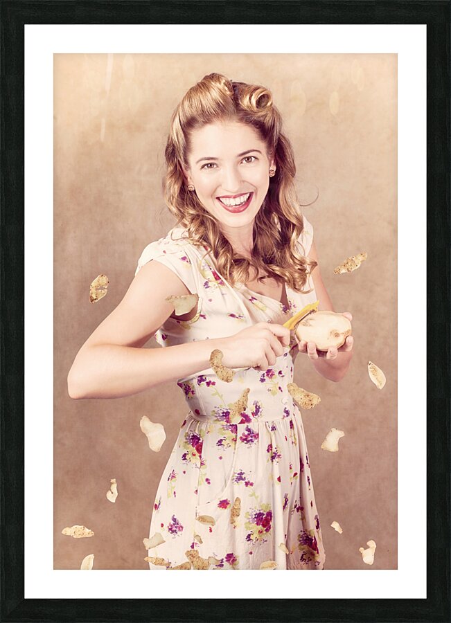 Pin-up cooking girl peeling potato. Quick recipe Picture Frame print