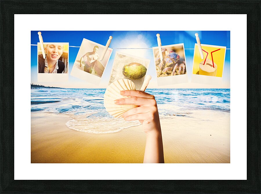 Vacation woman with photos from summer holiday Picture Frame print