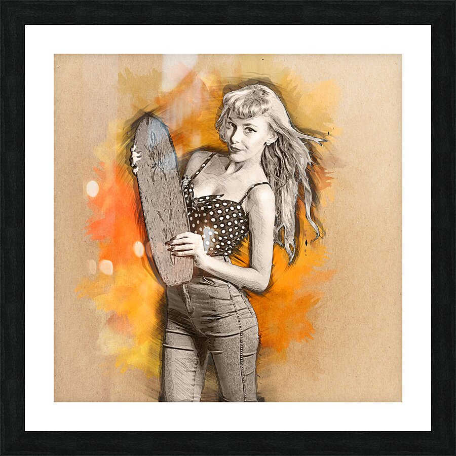 Skateboard pin-up illustration Picture Frame print