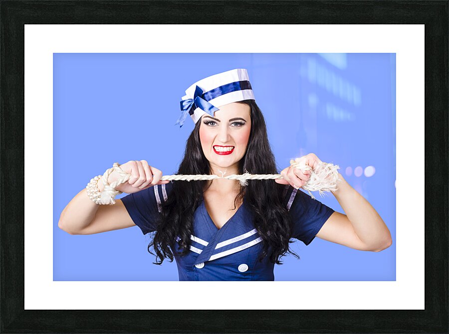 Navy pin up poster girl breaking rope  Picture Frame print