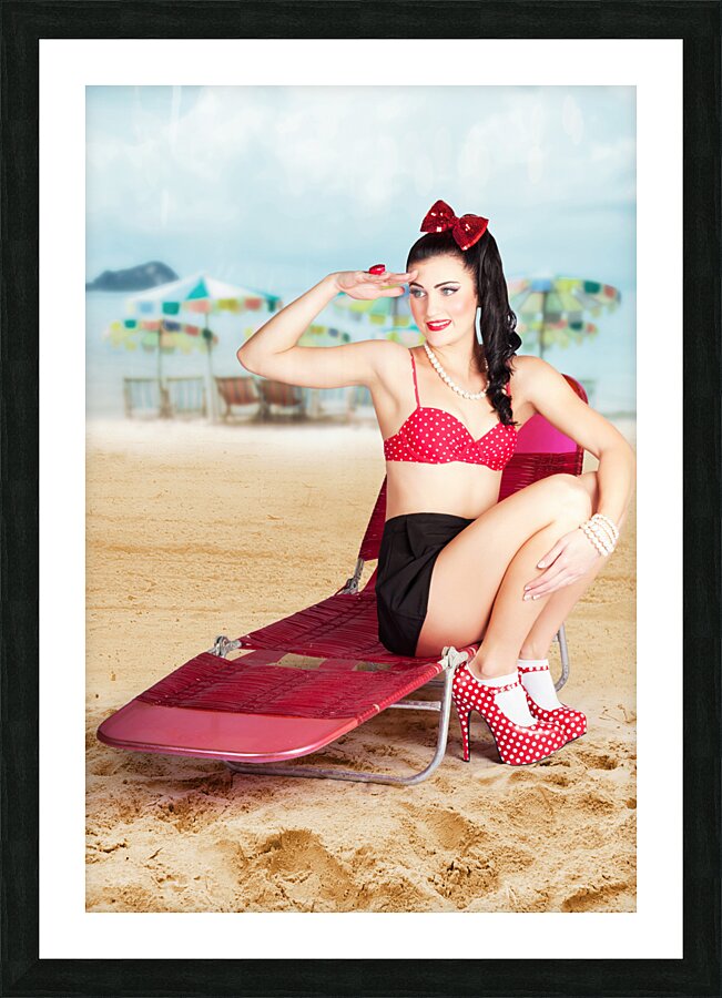Sexy beach pin up girl wearing high heels Picture Frame print