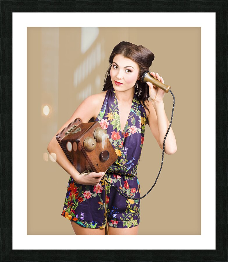 Retro receptionist on vintage telephone. Call us Picture Frame print