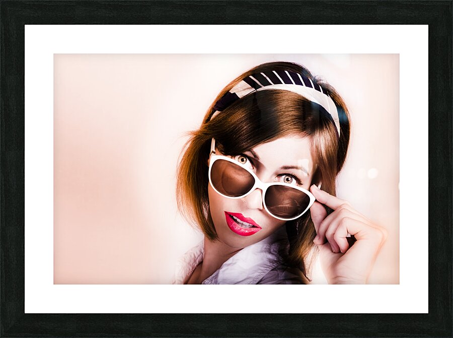 Surprised retro pop art girl wearing red lipstick Picture Frame print