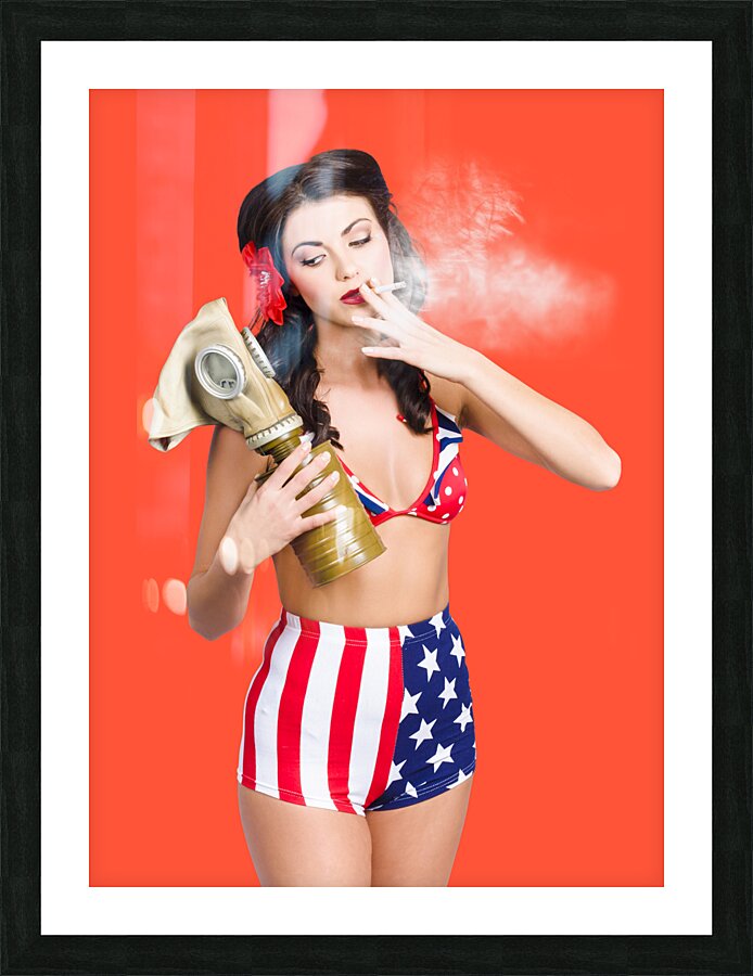 American military pin up girl holding gasmask  Picture Frame print