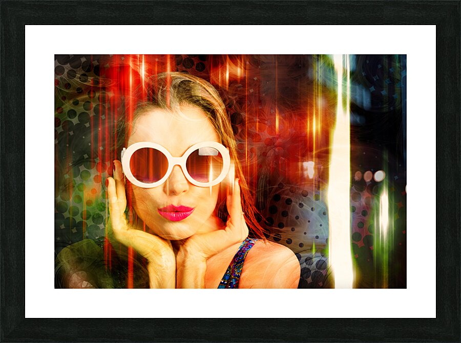 Young retro woman listening to earphones Picture Frame print