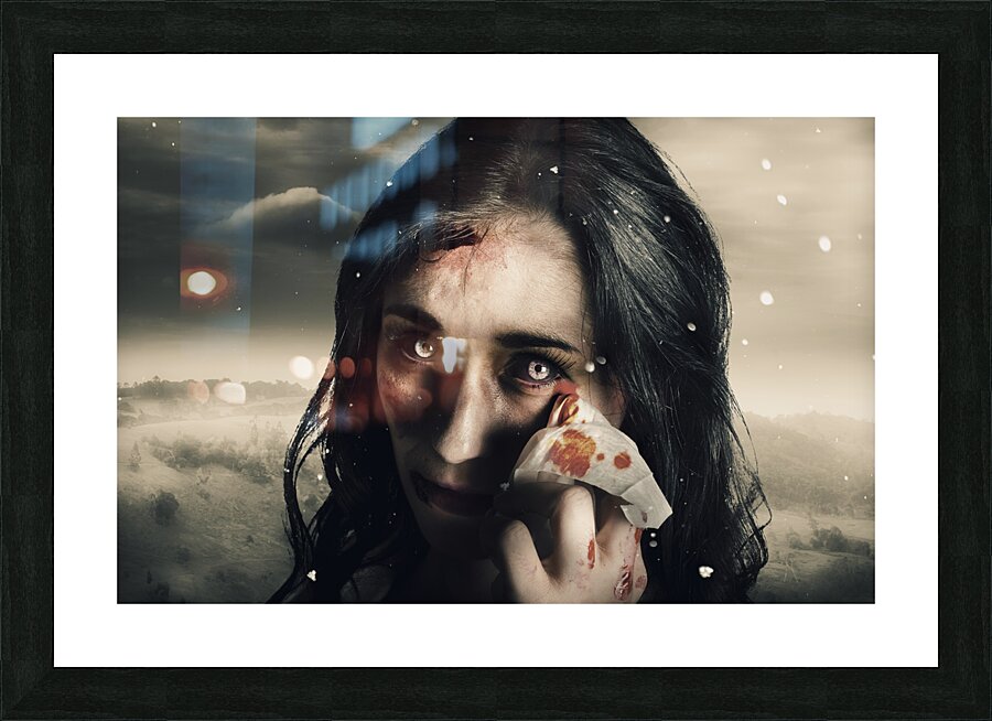 Grim face of horror crying tears of blood Picture Frame print